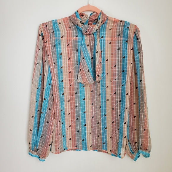 80s 90s Vintage Liz Baker Chiffon Stripe Mockneck Long Sleeve Top size 12 - Picture 2 of 9